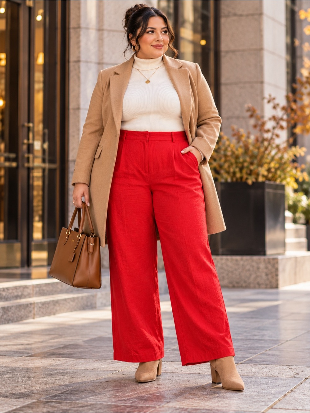 Red Wide Leg Linen Trouser Pants High Rise with Pockets - Old Navy Size XL
